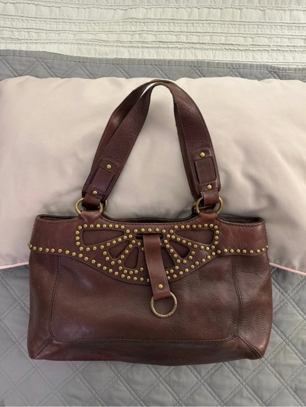 Michael Kors Dark Brown Leather Shoulder Bag with Gold Stud Accents